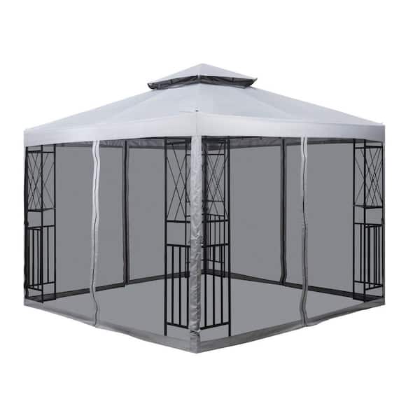 Unbranded 10 ft. x 10 ft. Patio Gazebo with Mosquito Net and Corner Shelves, Light Gray