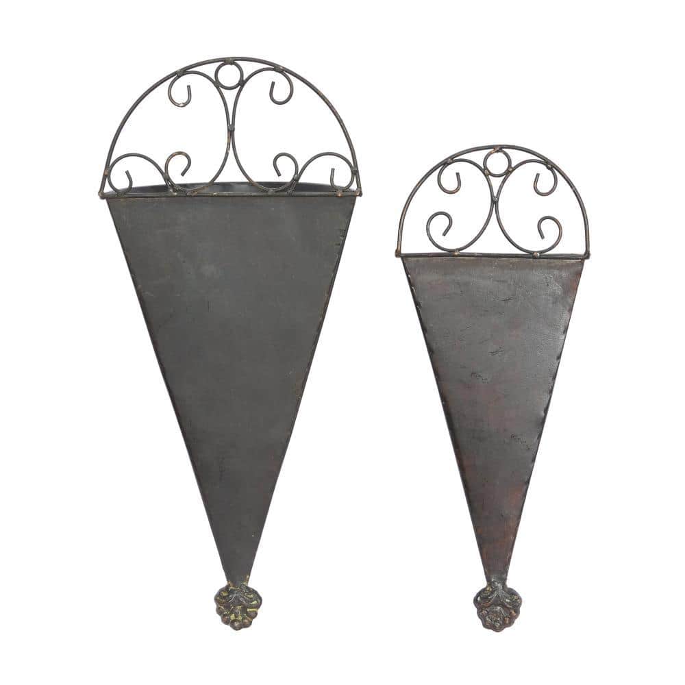 Set of 2 Black Metal Cone Scroll Wall Planters
