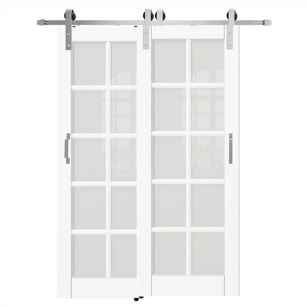 TENONER 56 in. x 80 in. 10-Lite Frosted Glass White Primed Pine Wood Bypass Barn Door Slab with Nickel-Plated Hardware Kit Set