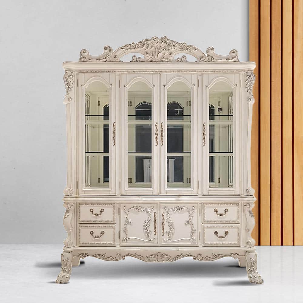 Bone White Lighted China Cabinet with Glass Shelves