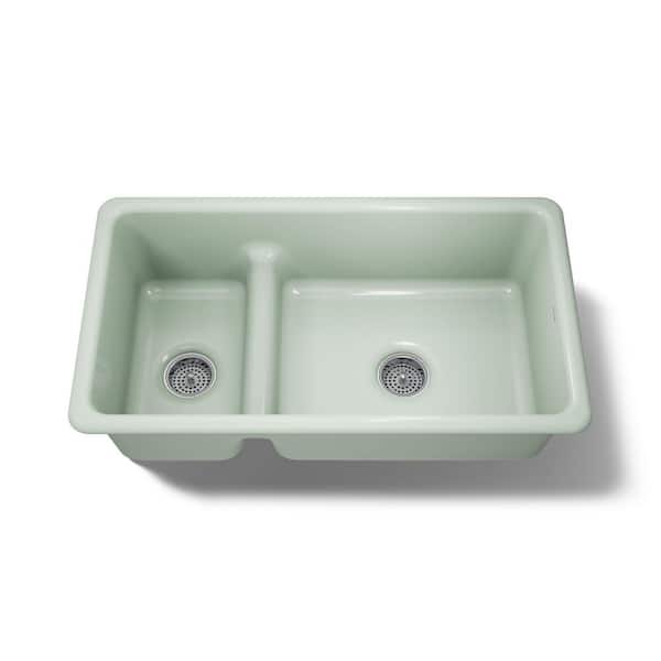 Iron/Tones 33 in. Drop-in Double Bowl Aspen Green Cast Iron Kitchen Sink