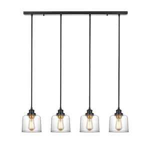 37 in. 4-Light Bronze Farmhouse Kitchen Island Pendant Light with Drum Glass Shade