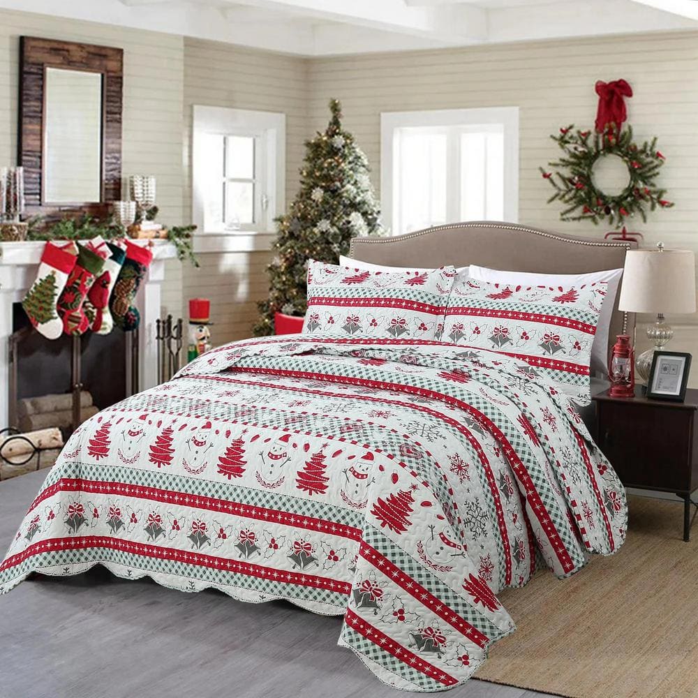 Queen Red and White Microfiber Christmas Quilt Set