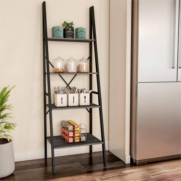 Lavish Home 70.5 in. Gray Woodgrain Bookcases 4-Tier Ladder Bookshelves - Set of 2 Standing Wooden Living Room Shelves