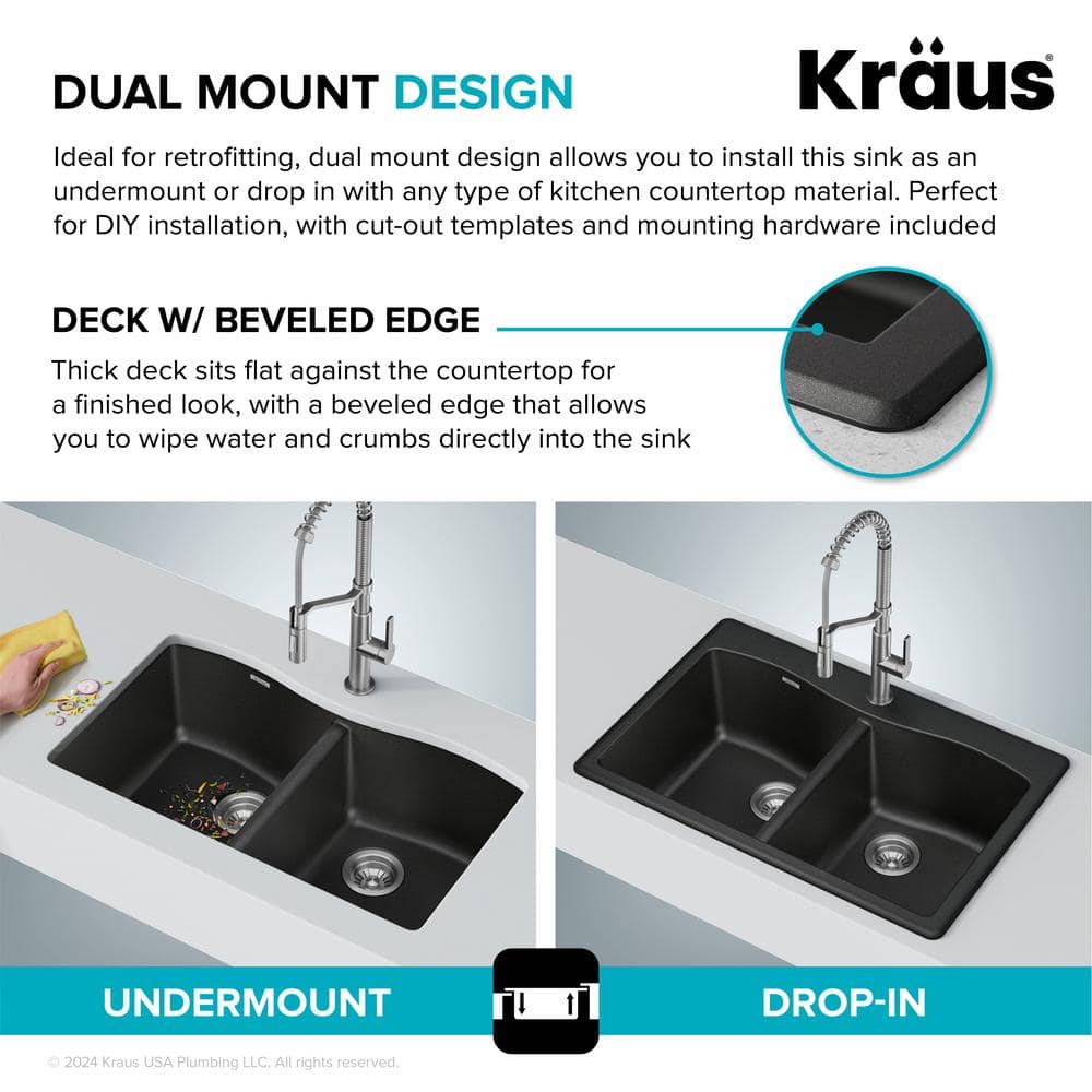 33-Inch Black Granite Double Bowl Drop-In Kitchen Sink
