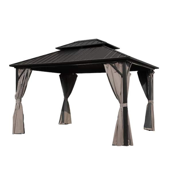 VEIKOUS 12 ft. W x 10 ft. L x 9.4 ft. H Aluminum Double Hardtop Gazebo with Curtains and Netting