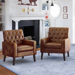 Brown PU Faux Leather Accent Arm Chair Comfy Living Room Chairs for Bedrooms(Set of 2)