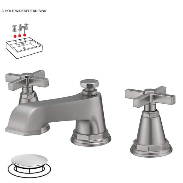HOMEMYSTIQUE 8 in. Widespread Double Handle Low Arc Bathroom Faucet with Drain Kit, Easy to Install, Drip Free in Brushed Nickel
