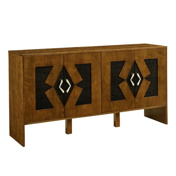 Lothar Modern 60 in. W Walnut Brown Wood Buffet Sideboard Cabinet with Geometric Pattern, 4-Door and Adjustable Shelves
