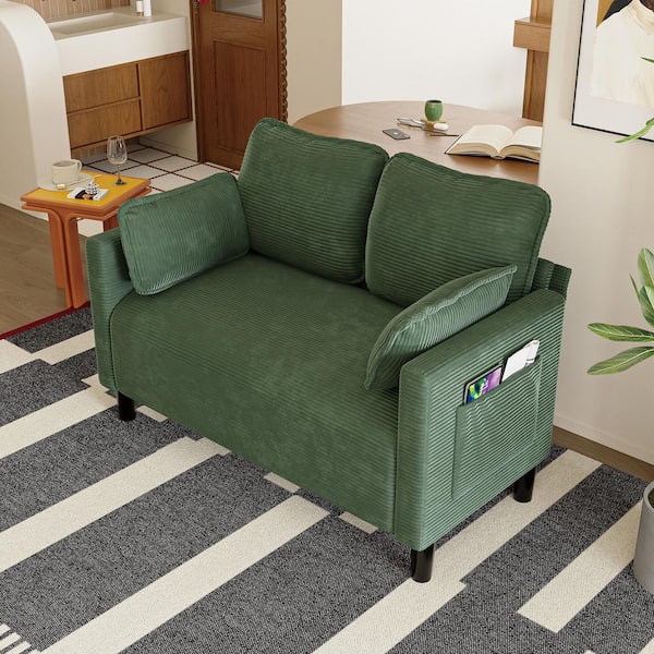 Zorlin Modern 48.03 in. Dark Green Corduroy Upholstered 2-Seater Sofa Loveseat with Pillows and Side Pocket