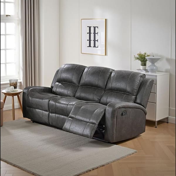 Benjara Charles 78 in. Straight Arm Faux Leather Rectangle Sofa in Smoke Gray