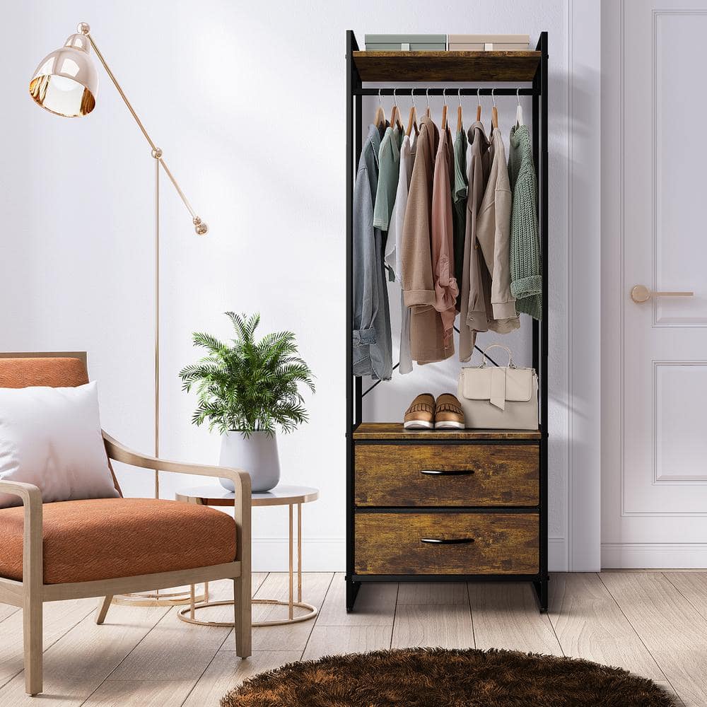 Portable Black Steel and Wood Garment Rack with Drawers