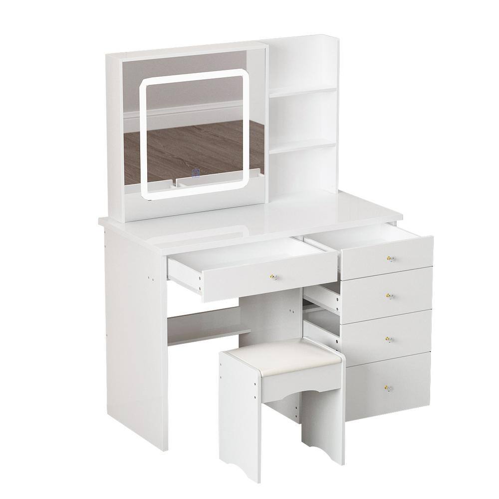 FUFU&GAGA 39.4 in. W White LED Dimmable Mirror Dresser Dressing Table ...