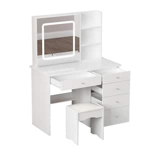 39.4 in. W White LED Dimmable Mirror Dresser Dressing Table with 5-Drawers, Stool and Storage Shelves