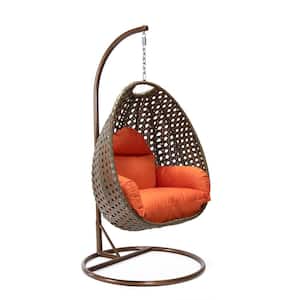 Beige Wicker Indoor Outdoor Hanging Egg Swing Chair For Bedroom and Patio with Stand and Cushion in Orange