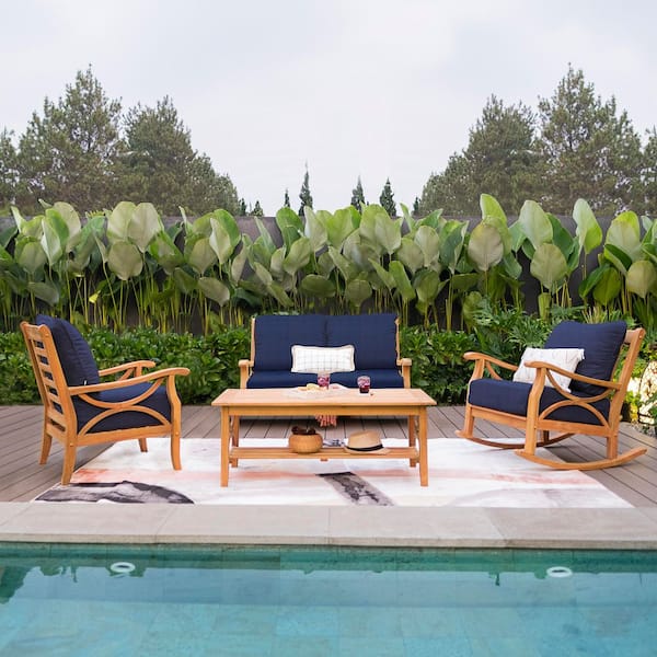 Cambridge Casual Abbington 4-Piece Teak Patio Conversation Set with Navy Cushion