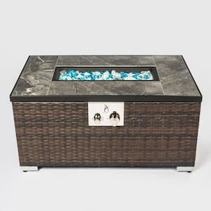 Brown Rectangular Wicker Outdoor Fire Pit Table with Black Lid and Beige Cover