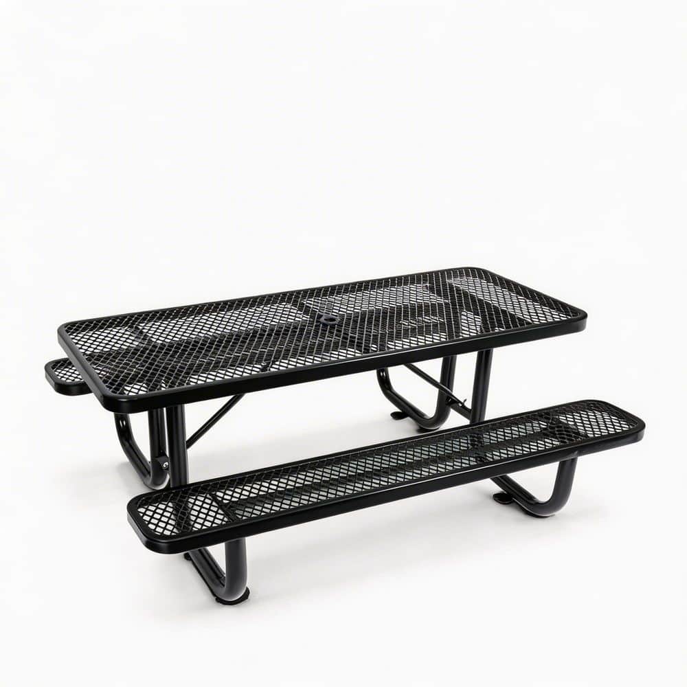 Black steel picnic table with attached benches on a white background.