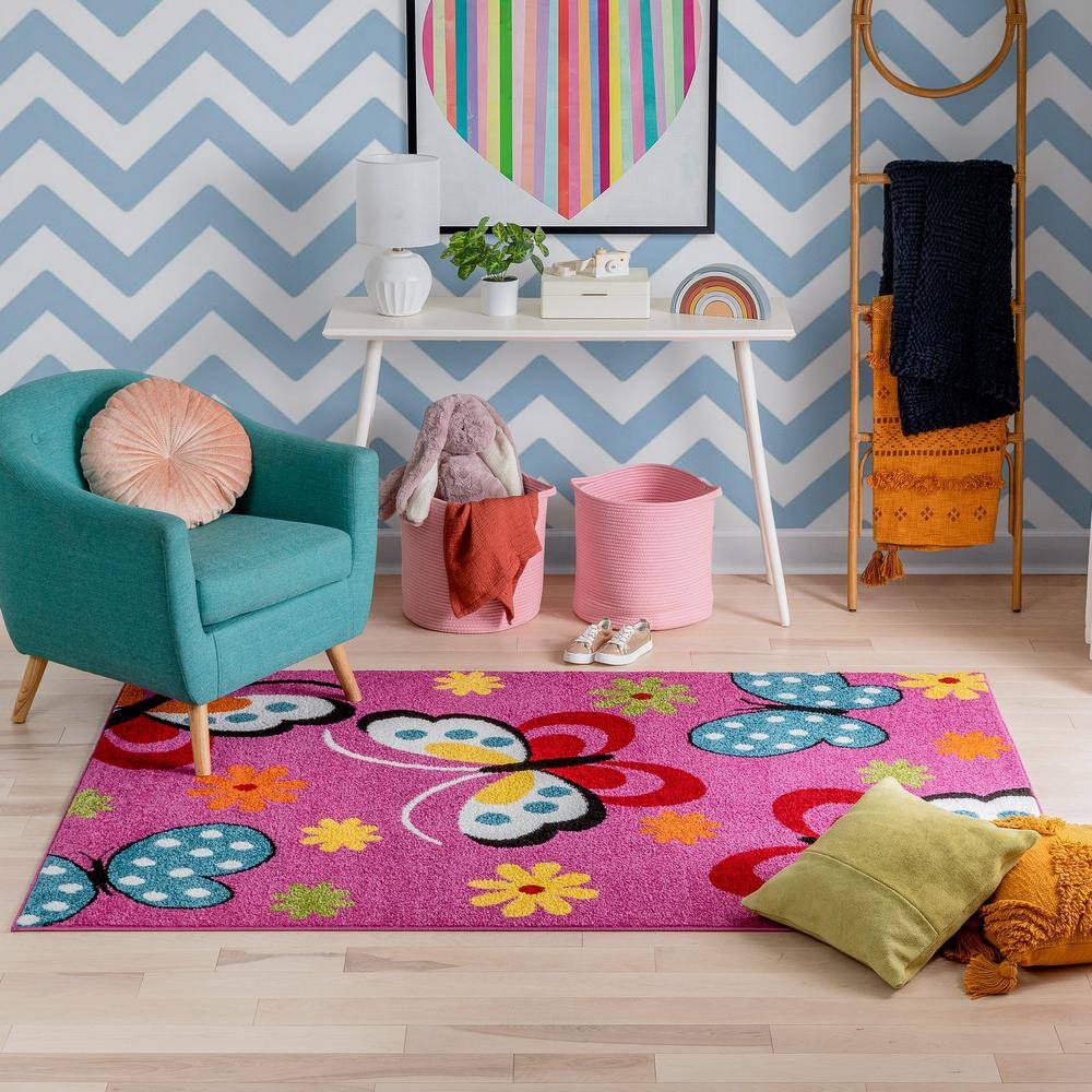 StarBright Pink Geometric Butterfly Kids Area Rug 3'3" x 5'