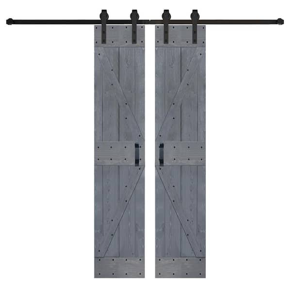 ISLIFE K Series 42 in. x 84 in. Weathered Gray Finished DIY Soild Wood Double Sliding Barn Door with Hardware Kit