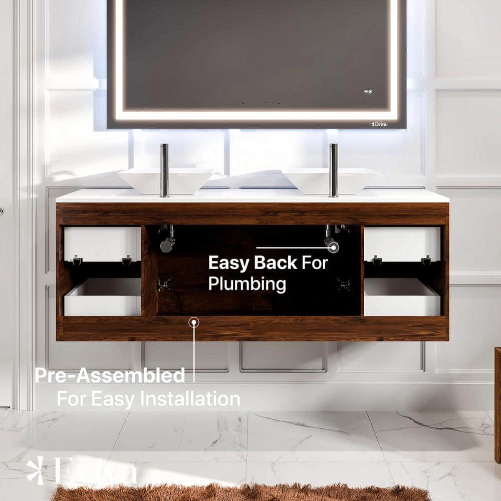60'' Rosewood Double Wall-Mount Vanity with White Quartz Top