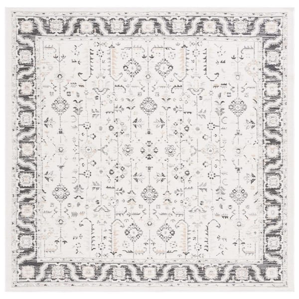 SAFAVIEH Sunrise Ivory/Gray Black 7 ft. x 7 ft. Ornate Border Reversible Indoor/Outdoor Square Area Rug