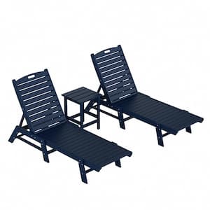 Laguna Navy Blue 3Piece All Weather Fade Proof HDPE Plastic Outdoor Patio Reclining Chaise Lounge Chairs, Side Table Set