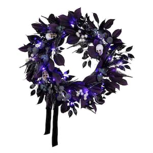 26 in. Floral Mini Skull Wreath with 30 Purple Battery-Operated LED Lights