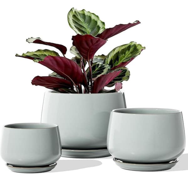 ITOPFOX Modern 6.5 in. L x 6.5 in. W x 5.8 in. H Reactive Glaze Blue Gray Ceramic Round Indoor Planter (3-Pack)