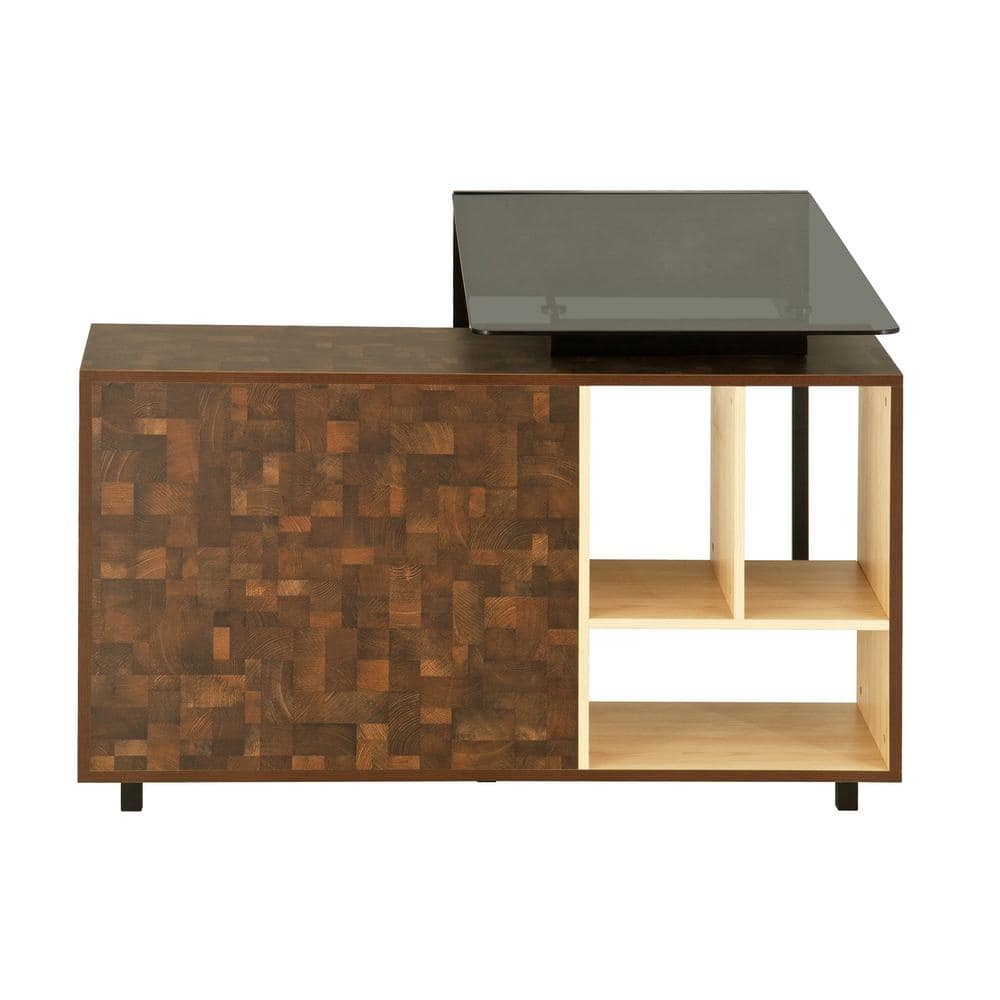 Elegant Rustic Oak L-Shaped Desk with Glass Top & Storage