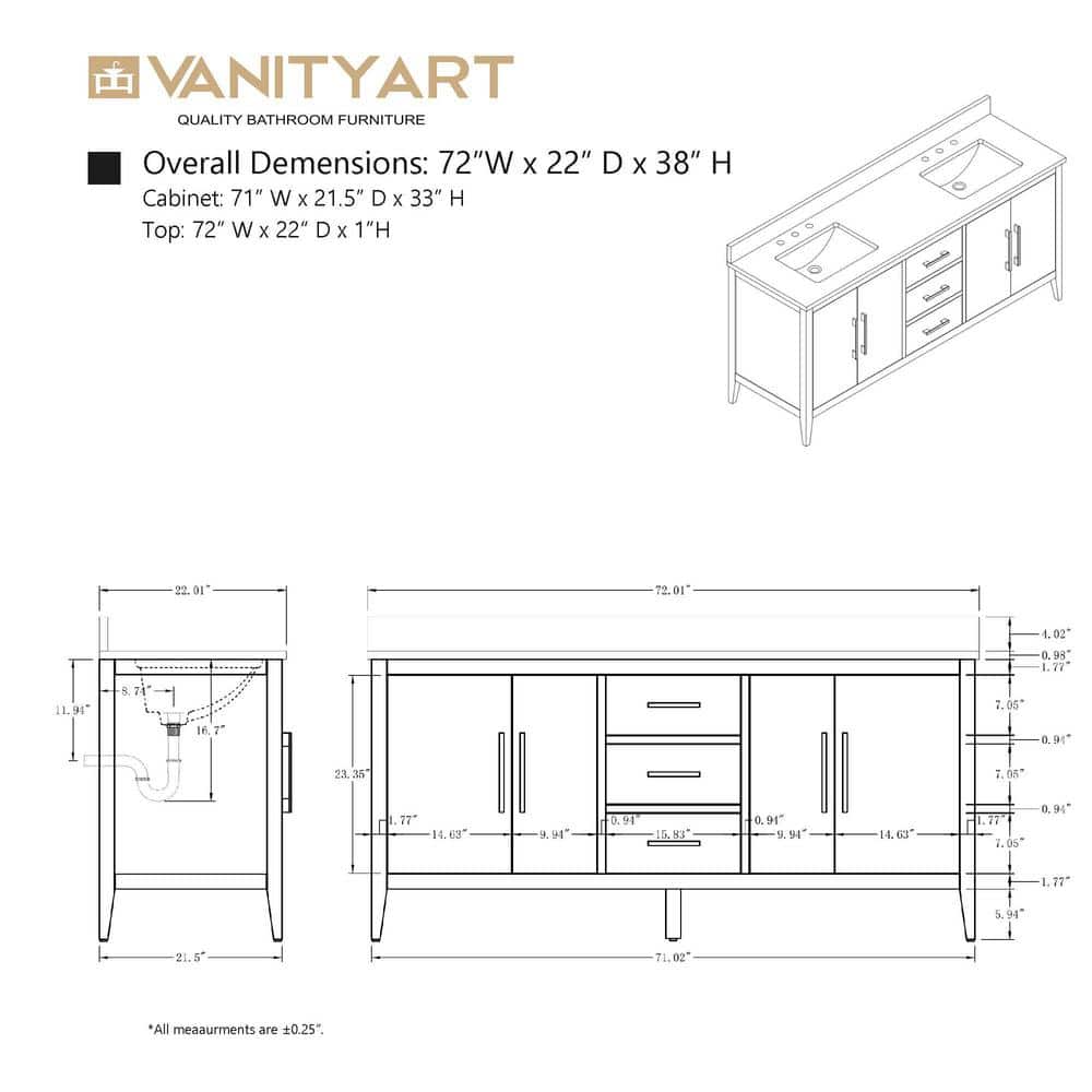 72'' Driftwood Gray Double Sink Bathroom Vanity with Marble Top