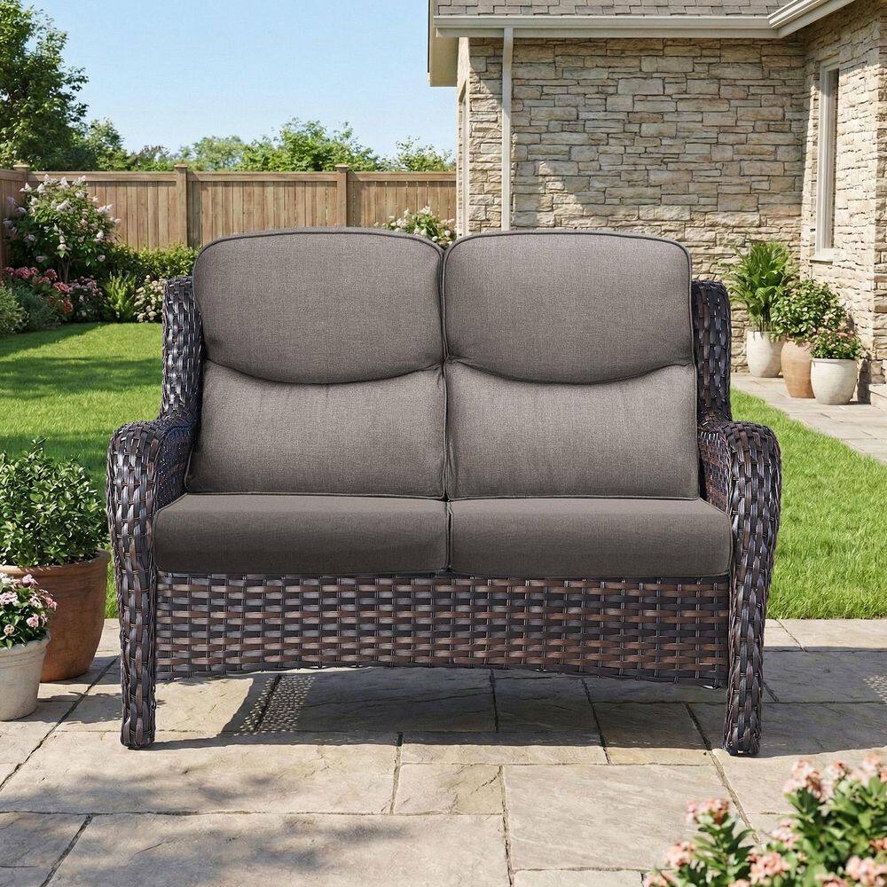 LunaCurve 2-Seat Brown PE Wicker Outdoor Loveseat with 5 in. Olefin Gray Cushions price history on PriceWatchPro