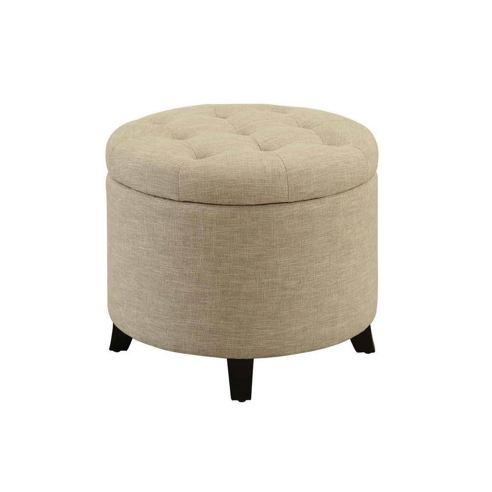 Tan Fabric Tufted Round Ottoman with Concealed Storage, 20"