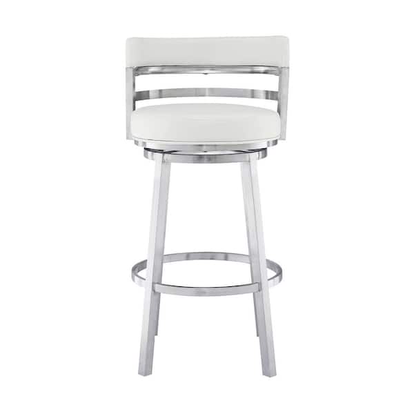 Armen Living Titana 36-40 in. White/Brushed Stainless Steel Metal 26 in. Bar Stool with Faux Leather Seat