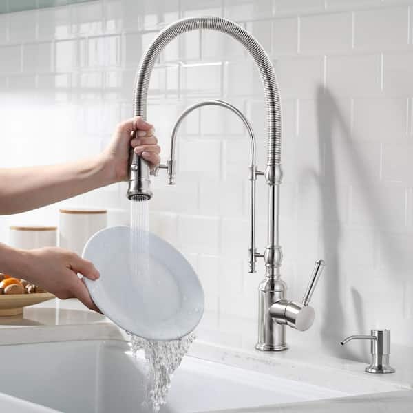 Solid Brass Single Handle Pull Down Sprayer Kitchen Faucet with Soap Dispenser in Brushed Nickel