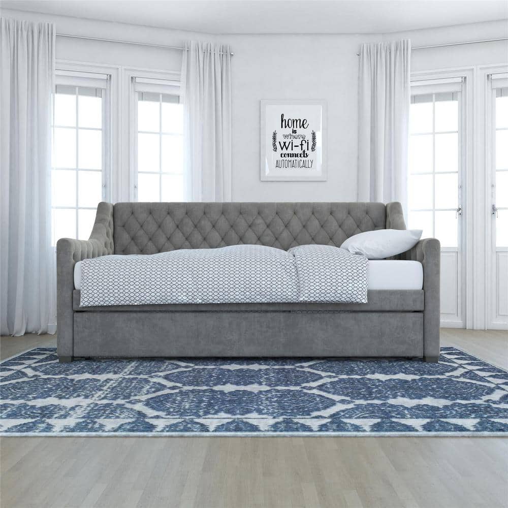 Light Gray Velvet Twin Daybed with Trundle and Tufted Upholstery