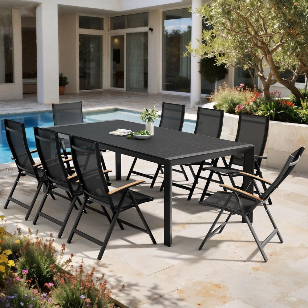 Black 9-Piece 84 in. Aluminum Wood-Like Patio Outdoor Dining Set, with Umbrella Hole Table and Folding Recline Chairs price history on PriceWatchPro