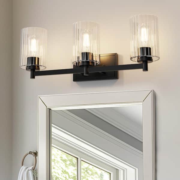 YANSUN 24 in. 3-Light Black Vanity Light with Cylinder Glass Shades for Bathroom, Mirror, Powder Room