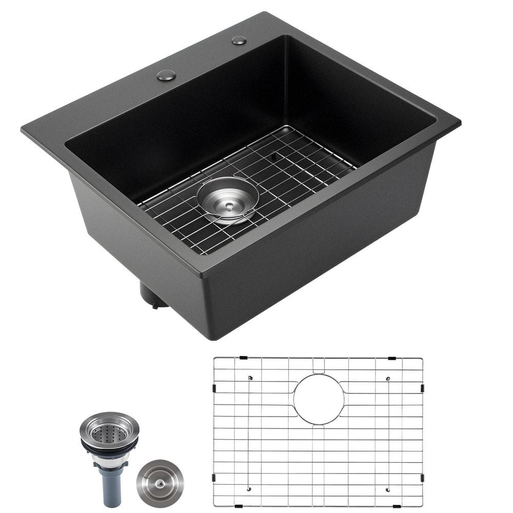 25 in. Drop-in Single Bowl 16 Gauge Black Quartz Kitchen Sink with Bottom Grid price history on PriceWatchPro