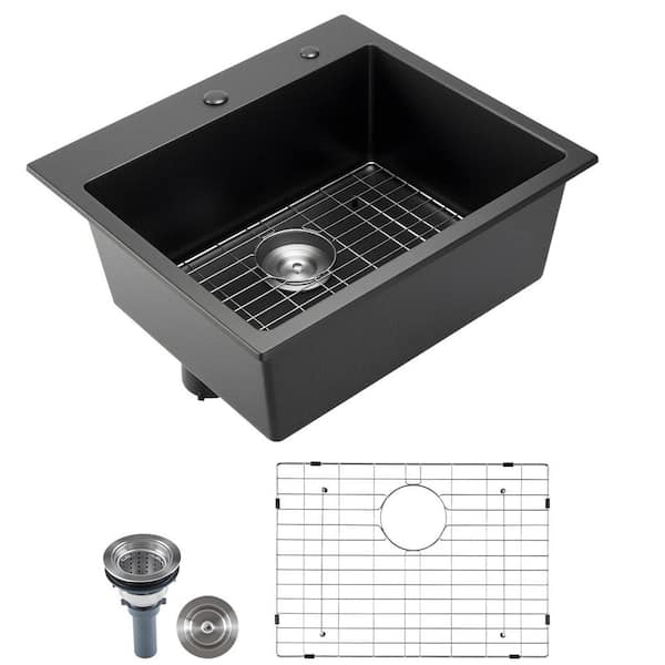 25 in. Drop-in Single Bowl 16 Gauge Black Quartz Kitchen Sink with Bottom Grid