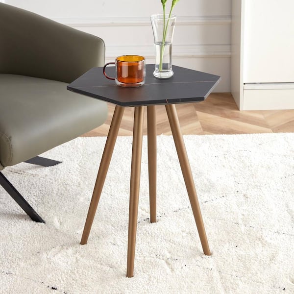 Zeus & Ruta Black Faux Marble End Side Table with Dark Gold Metal Legs, MDF Tabletop, Hexagon Nightstand for Living Room, Bedroom