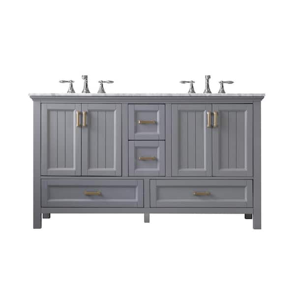 Altair Isla 60 in. Bath Vanity in Gray with Carrara Marble Vanity Top in White with White Basins