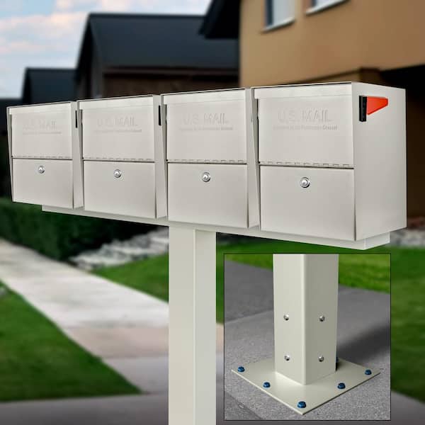 Package Master X4 Locking Post Mount Mailbox Combo Kit, Cream White, Surface Mount Post, 4-Compartment Security Cluster