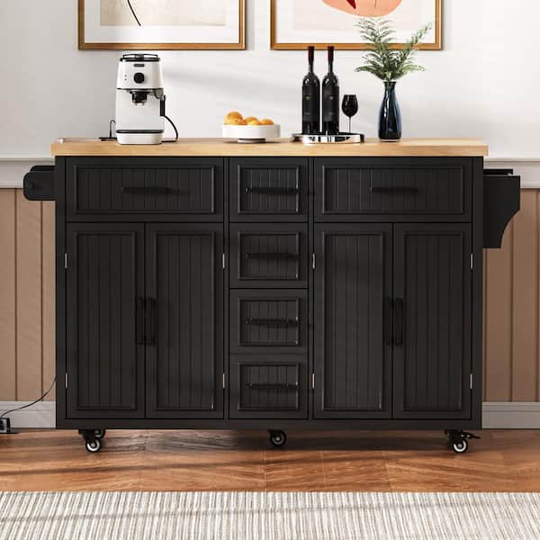 Black Wood 56.5 in. Kitchen Island with Drop Leaf, Power Outlet, 4 Doors, 5 Deep Drawers and Adjustable Shelves