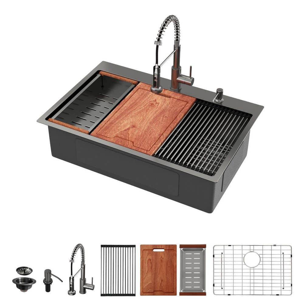 33 in. Undermount Single Bowl 16 Gauge Gunmetal Black Stainless Steel Workstation Sink with Faucet and Bottom Grids price history on PriceWatchPro
