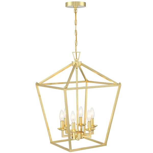Uixe 16 in. 6-Light Soft Gold Chandeliers Geometric Cage Lantern Pendant Light