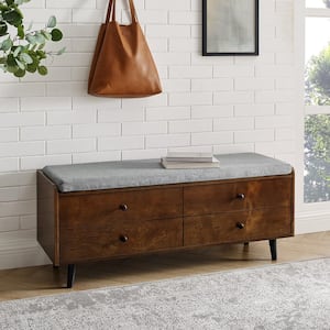 19 In. Dark Walnut and Gray Wood Faux Drawer Storage Bench with Polyester Linen Cushion
