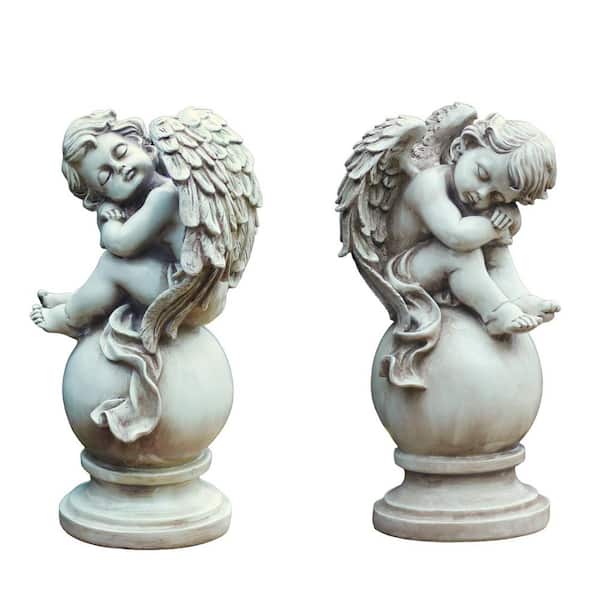 Zaer Ltd. International 21 in. Tall Cherubs Sitting on Globe Pedestals (Set of 2)