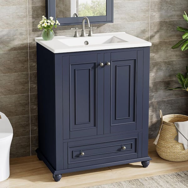 24 in. Single Sink Freestanding Blue Bath Vanity with White Ceramic Top Unassembled