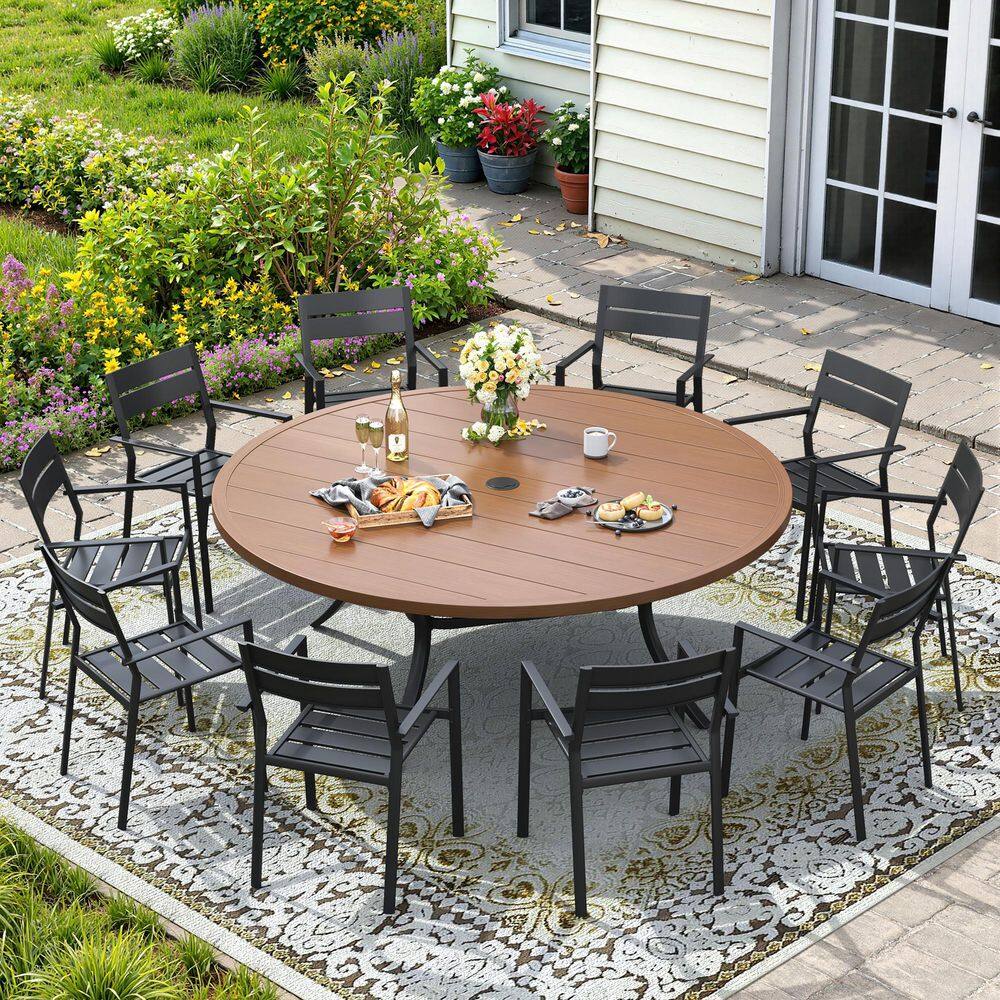 11-Piece Metal Outdoor Patio Dining Set with 60 in. Walnut Round Slat Table and 10 Stackable Chairs in Black price history on PriceWatchPro